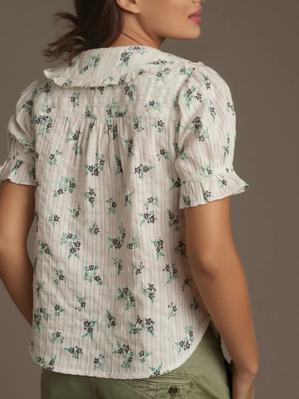 Pilcro Anthropologie Kiera White Floral Ruffle-Trim Short-Sleeve Blouse